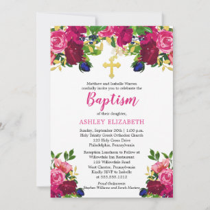 Invitation Aquarelle rose magenta Baptême floral