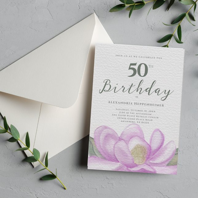 Invitation Aquarelle rose Magnolia 50e anniversaire (Watercolor Pink Magnolia 50th Birthday Invitation)