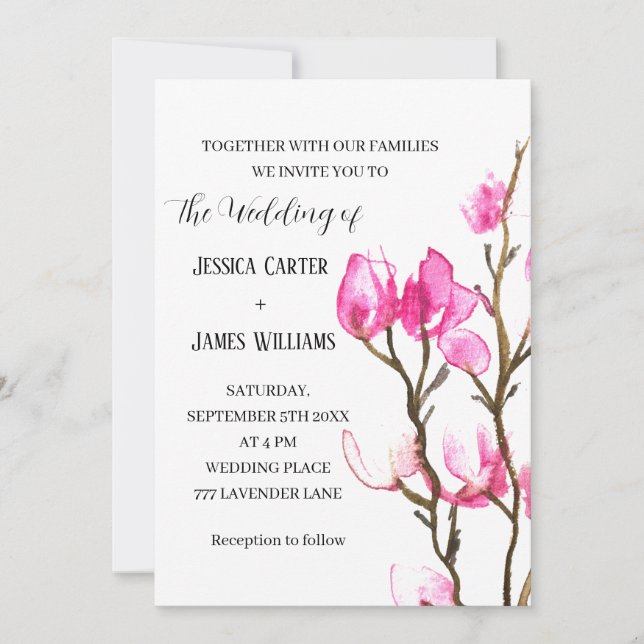 Invitation Aquarelle rose Magnolia Mariage rustique (Devant)