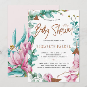 Invitation Aquarelle rose magnolias cuivre bébé douche