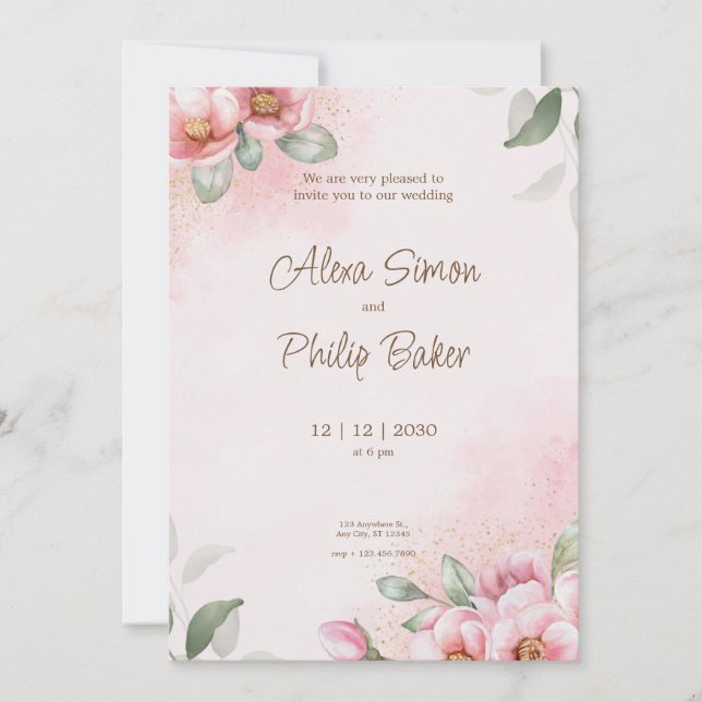 Invitation Aquarelle rose Mariage (Devant)