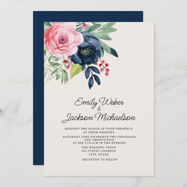 Invitation Aquarelle rose marine bleu Mariage (Devant / Derrière)