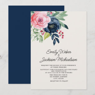 Invitation Aquarelle rose marine bleu Mariage