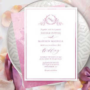 Invitation Aquarelle rose mauve Élégant Mariage Monogramme