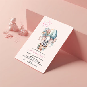 Invitation Aquarelle rose mignonne Air Balloon Elephant Baby