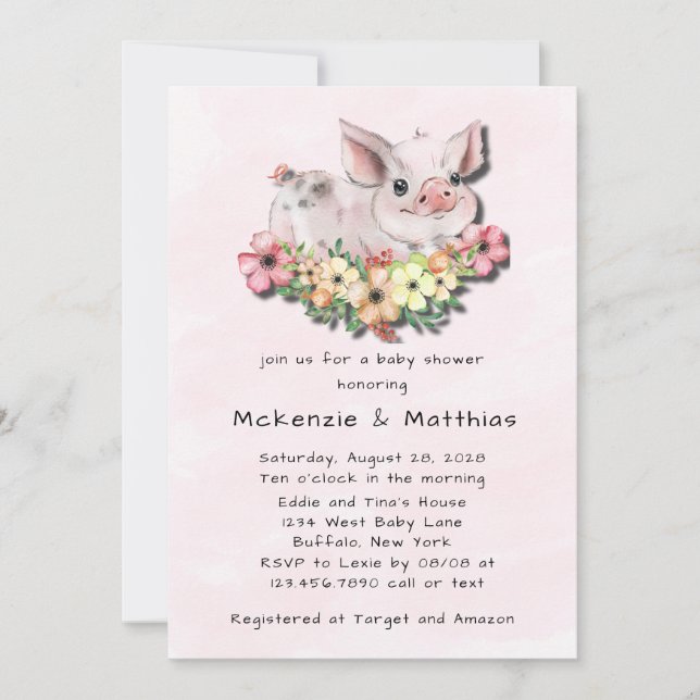 Invitation Aquarelle rose mignonne Cochon fille Baby shower (Devant)