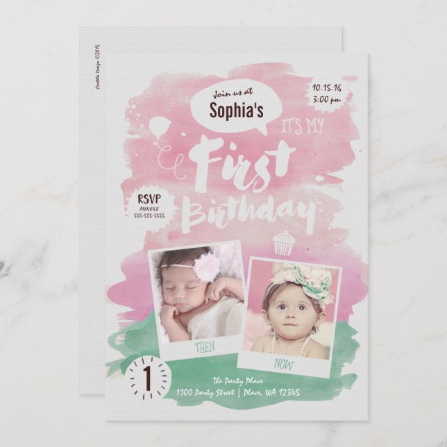 Invitation Aquarelle rose mignonne Premier anniversaire Fille (Devant / Derrière)