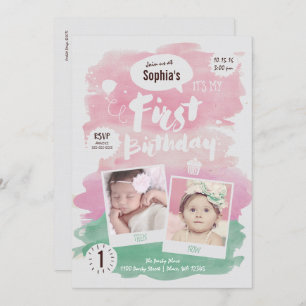 Invitation Aquarelle rose mignonne Premier anniversaire Fille