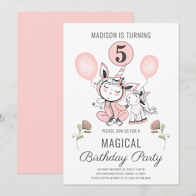 Invitation Aquarelle rose mignonne Unicorn fille 5e anniversa (Devant / Derrière)