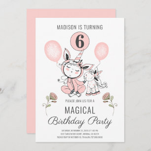 Invitation Aquarelle rose mignonne Unicorn fille 6e anniversa