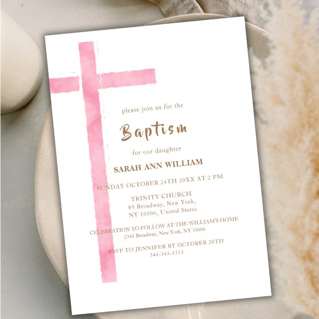 Invitation Aquarelle rose minimaliste Croix Baptême fille (Minimalist Pink Watercolor Cross Girl Baptism Invitation)