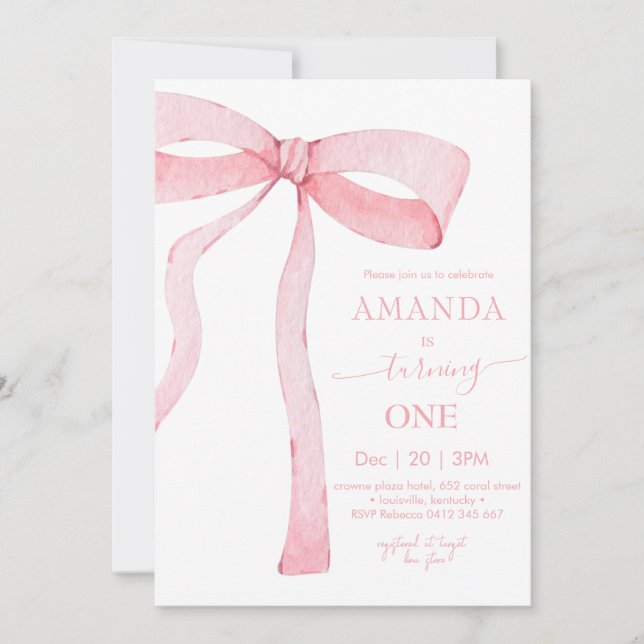 Invitation Aquarelle rose minimaliste Ruban Anniversaire (Devant)
