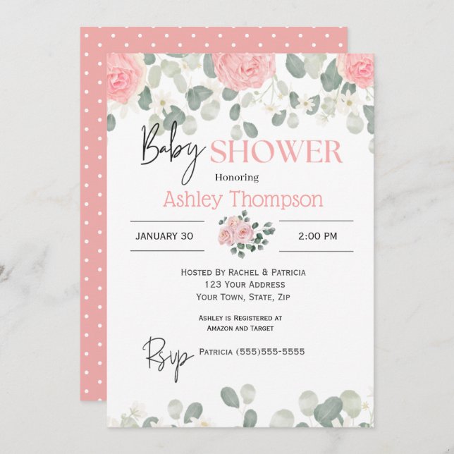Invitation Aquarelle rose moderne Baby shower Floral Girls (Devant / Derrière)