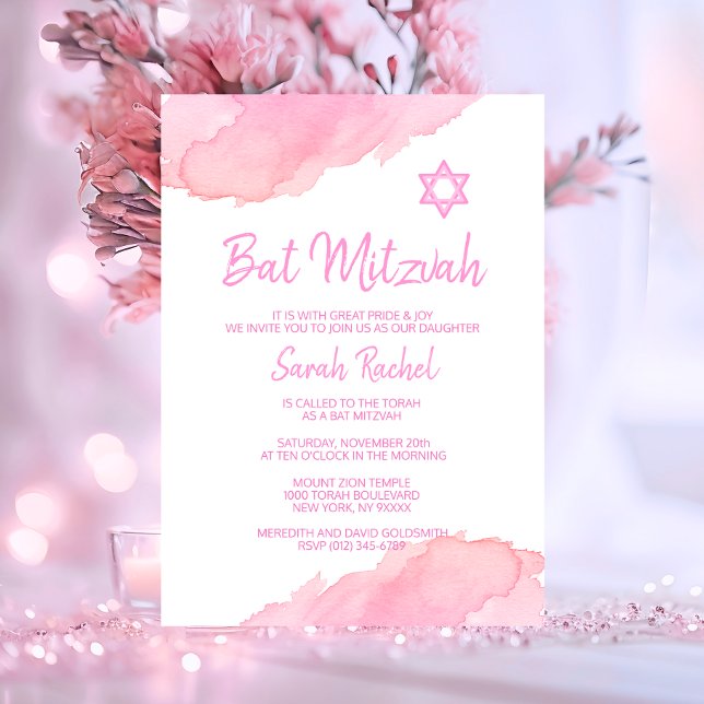Invitation Aquarelle rose moderne étoile de David BAT MITZVAH (Modern PINK Watercolor Star of David BAT MITZVAH Invitation)
