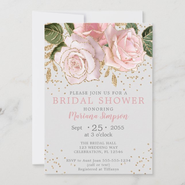 Invitation Aquarelle rose moderne Parties scintillant or flor (Devant)