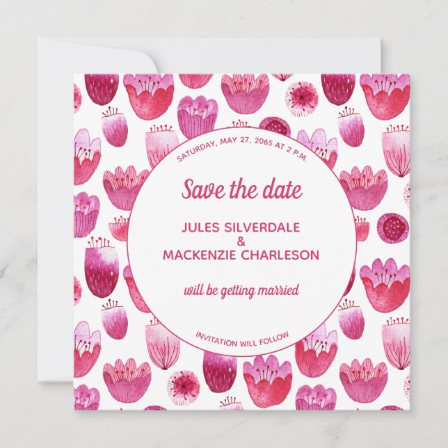 Invitation Aquarelle rose motif floral Enregistrer la date (Devant)