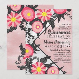 Invitation Aquarelle rose noire acrylique Florale Quinceañera
