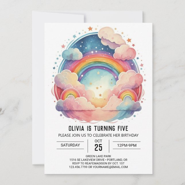 Invitation Aquarelle rose Nuages Fille Anniversaire (Devant)