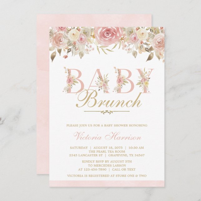 Invitation Aquarelle rose or Baby shower Floral Brunch (Devant / Derrière)
