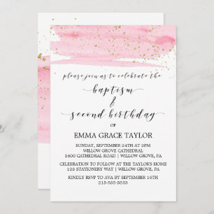 Invitation Aquarelle rose & or Baptême & 2e anniversaire