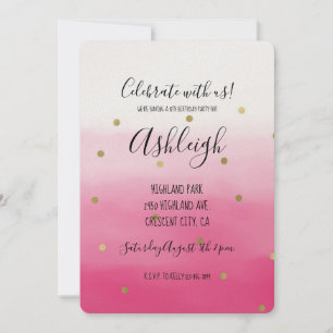 Invitation Aquarelle rose or Confetti Ombre Anniversaire