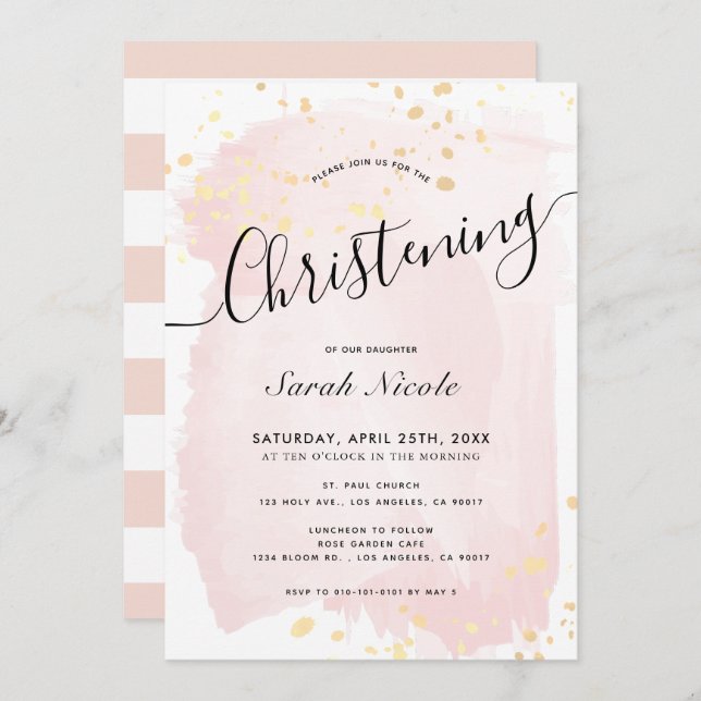Invitation Aquarelle rose or éclaboussures fille Christening (Devant / Derrière)