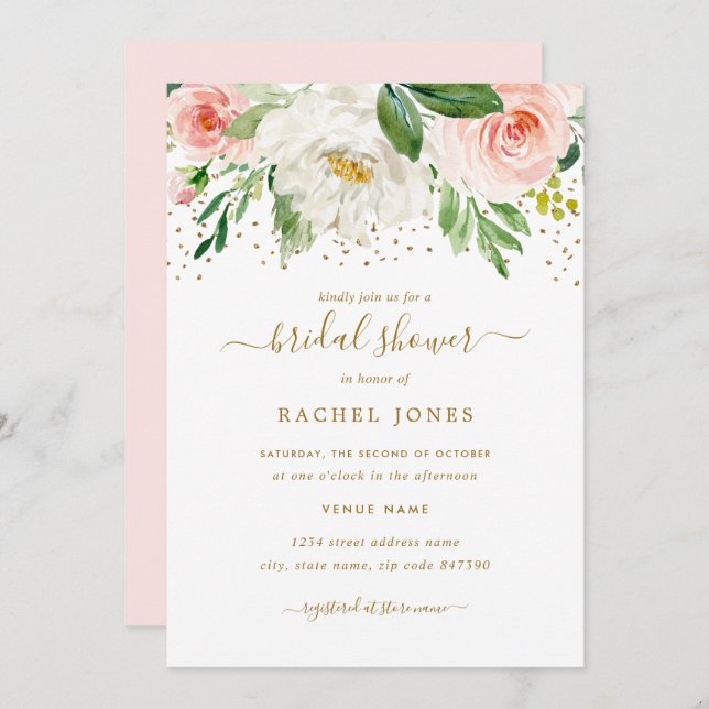 Invitation Aquarelle rose or Fête des mariées florale (Devant / Derrière)