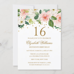 Invitation Aquarelle rose or Floral 16e anniversaire