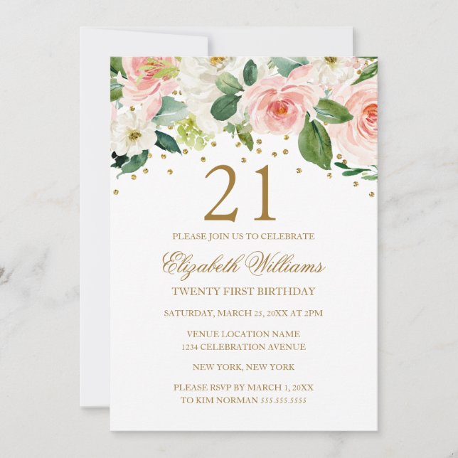 Invitation Aquarelle rose or Floral 21e anniversaire (Devant)