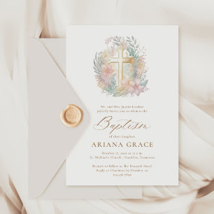Invitation Aquarelle rose or floral élégant Croix Baptême