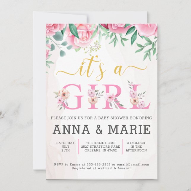 Invitation Aquarelle rose or Floral Girl Baby shower (Devant)