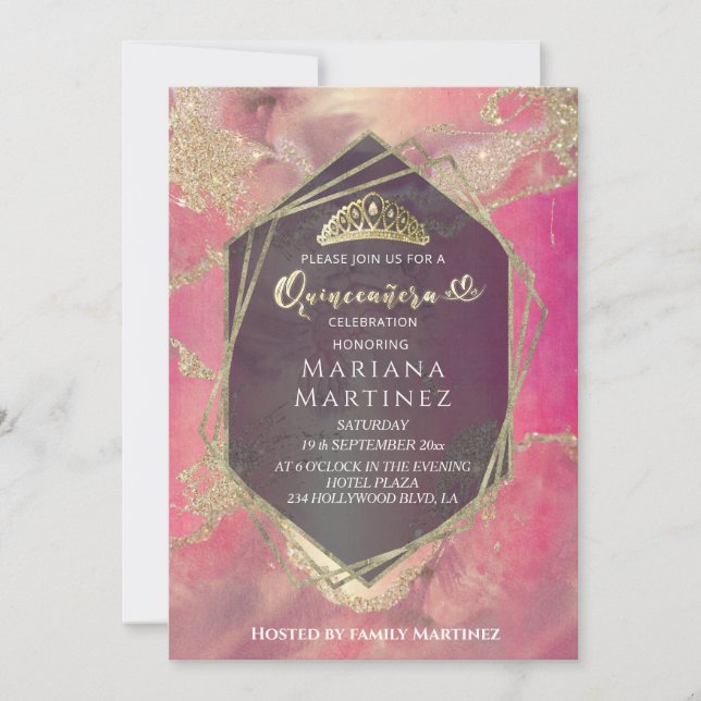 Invitation Aquarelle rose or géométrique Quinceañera (Devant)