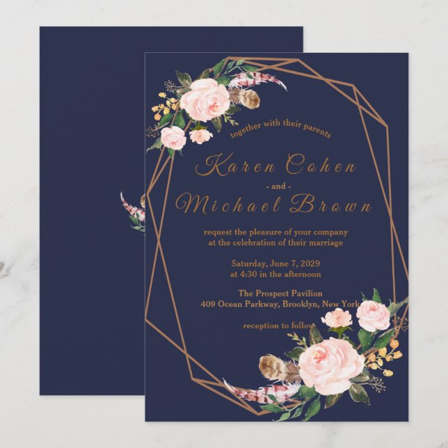Invitation Aquarelle rose or Marine Boho Chic Floral Mariage (Devant / Derrière)