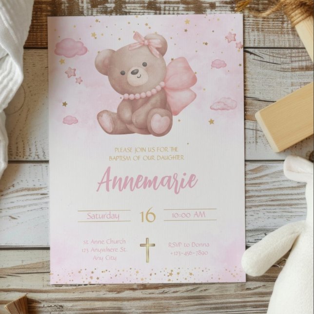 Invitation Aquarelle rose or mignon ours en peluche Christine (Créateur téléchargé)