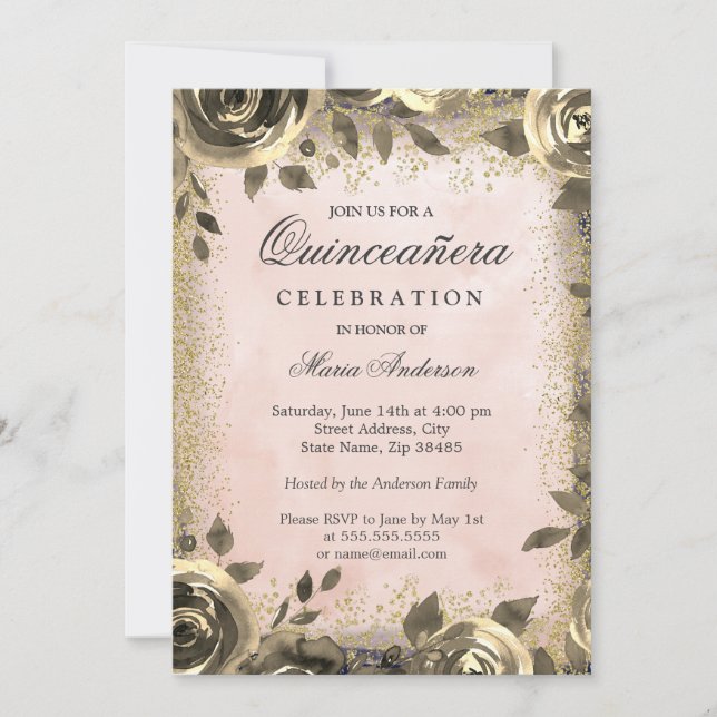 Invitation Aquarelle rose or Parties scintillant Floral Quinc (Devant)