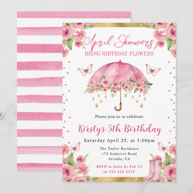 Invitation Aquarelle rose or printemps Anniversaire de enfant (Devant / Derrière)