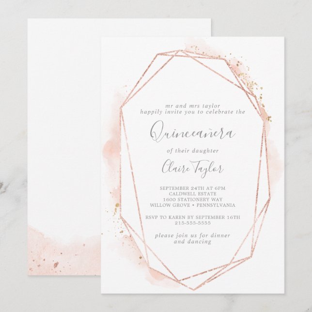 Invitation Aquarelle rose or Quintañera géométrique (Devant / Derrière)