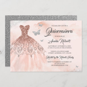 Invitation Aquarelle Rose or robe étincelante Quinceanera
