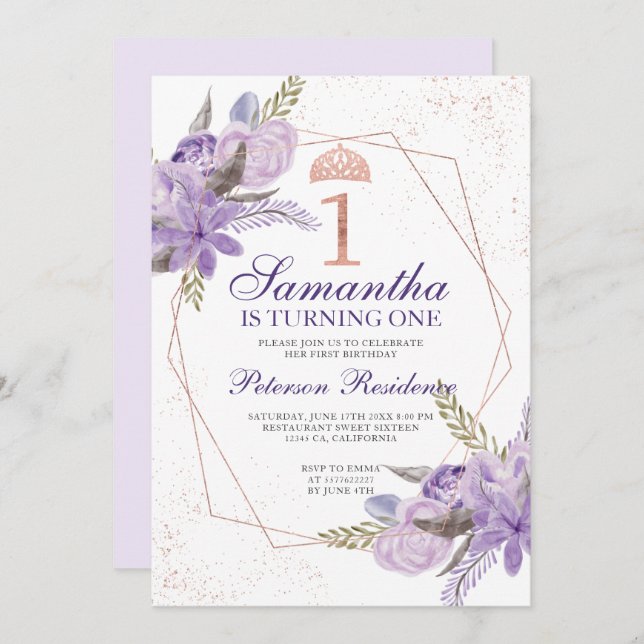 Invitation Aquarelle rose or tiara florale 1er anniversaire (Devant / Derrière)