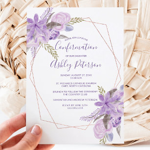Invitation Aquarelle rose or violet confirmation florale