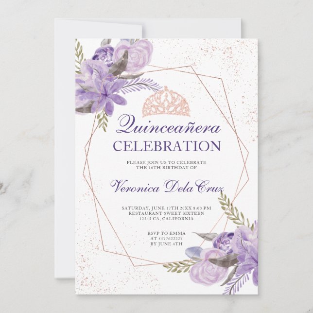 Invitation Aquarelle rose or violet fleuri Quinceanera (Devant)