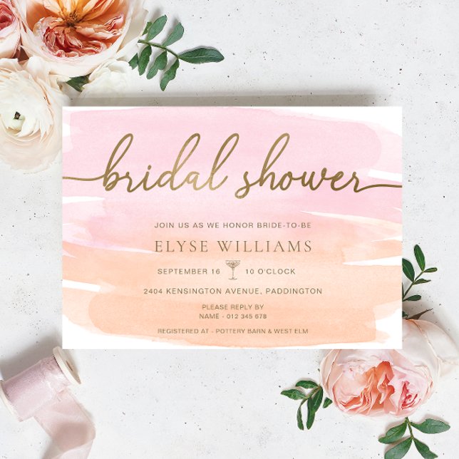 Invitation Aquarelle rose orange Fête des mariées or (Bridal Shower Invitation Peach Pink Watercolour Gold )