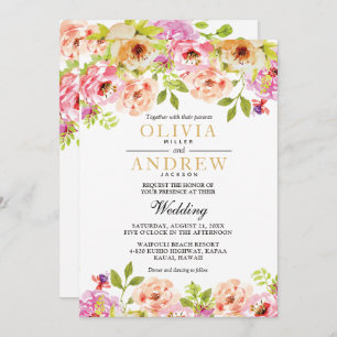 Invitation Aquarelle rose orange Fleurs de cadre   MARIAGE