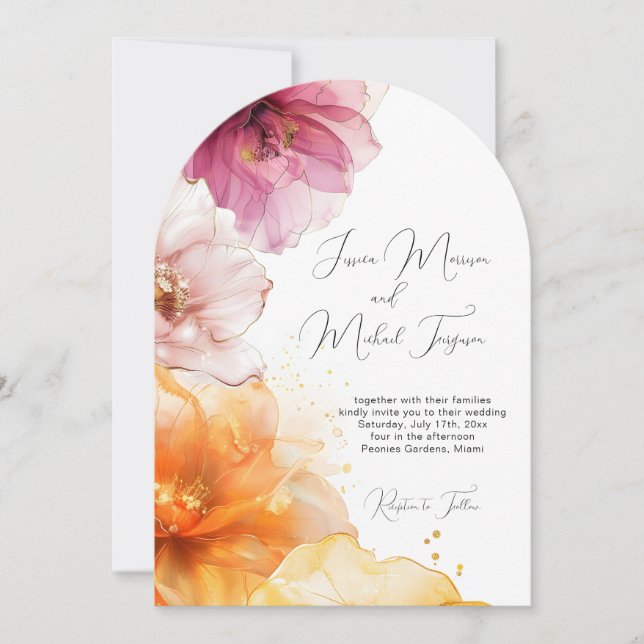 Invitation Aquarelle rose Orange Floral Mariage de code QR (Devant)