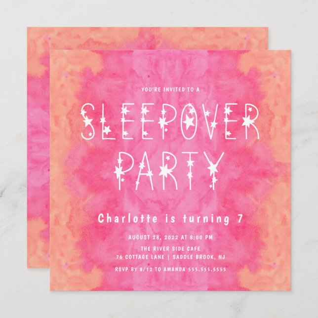 Invitation Aquarelle rose orange Starry Girls Sleepover Invi (Devant / Derrière)