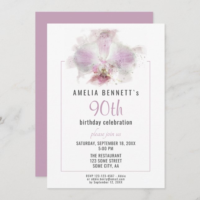 Invitation Aquarelle rose orchidée Floral 90e fête d'annivers (Devant / Derrière)