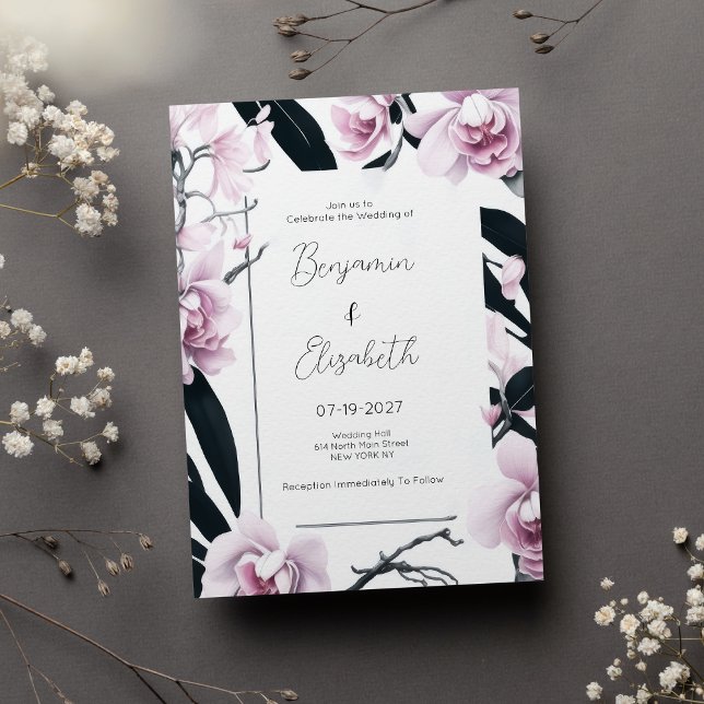 Invitation Aquarelle rose orchidée noire fleurs Mariage (Watercolor pink black orchid flowers Wedding)