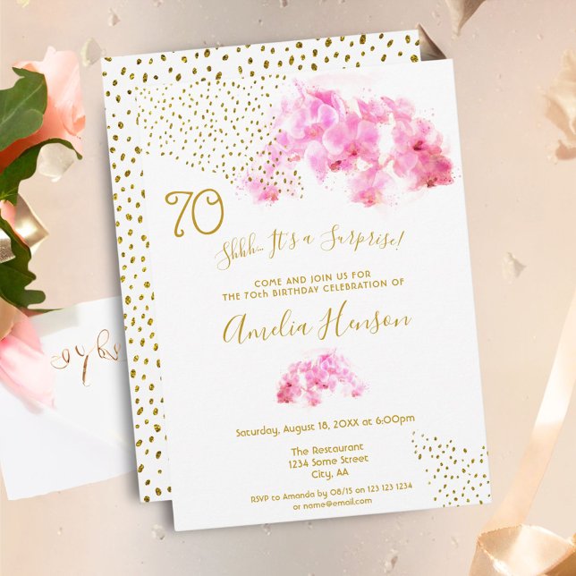 Invitation Aquarelle rose orchidée Parties scintillant or 70e (Créateur téléchargé)