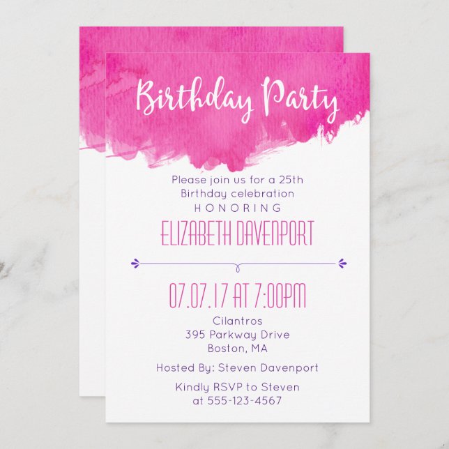 Invitation Aquarelle rose Paint Splatter Anniversaire Invitat (Devant / Derrière)