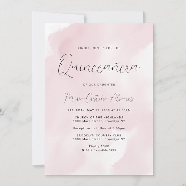 Invitation Aquarelle rose pâle 15e anniversaire Quinceañera (Devant)